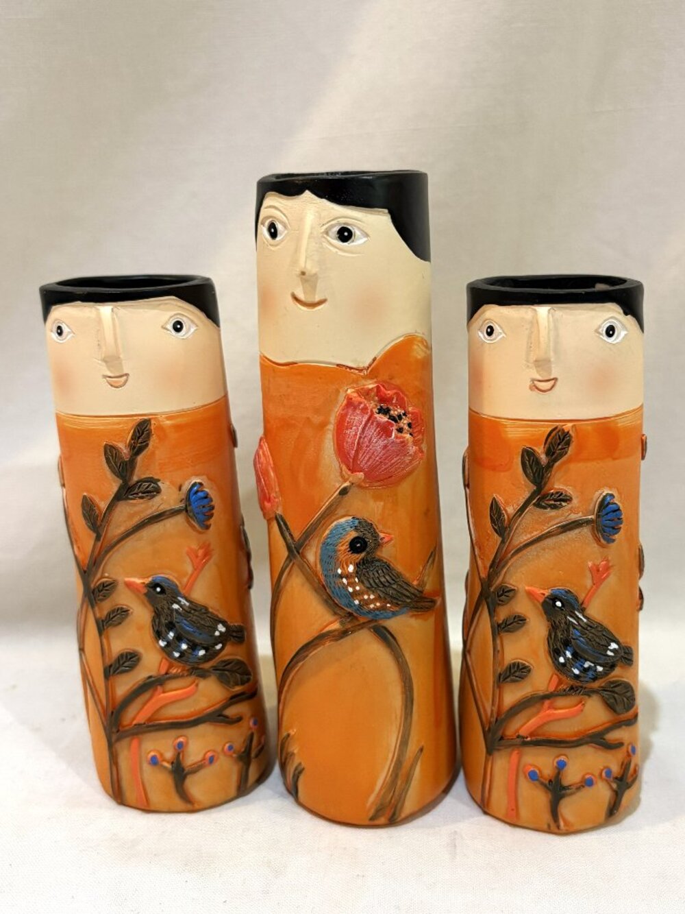 Set of 3 Spring Family Orange Bud Vases Resin Flowers & Birds Boho Style